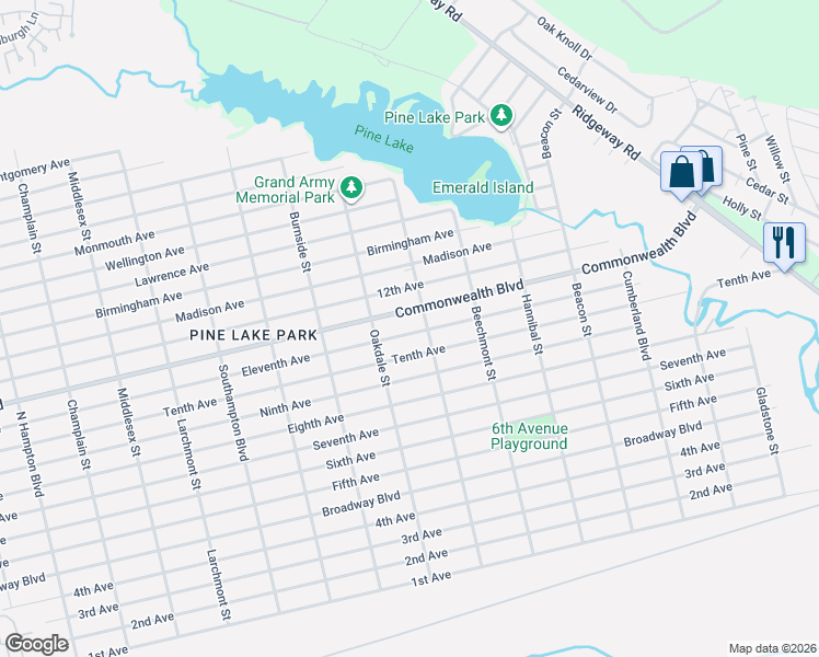 map of restaurants, bars, coffee shops, grocery stores, and more near 1532 Commonwealth Boulevard in Toms River