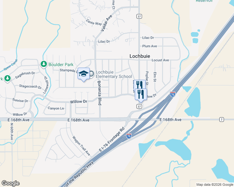 map of restaurants, bars, coffee shops, grocery stores, and more near 103 Wenatchee Street in Lochbuie