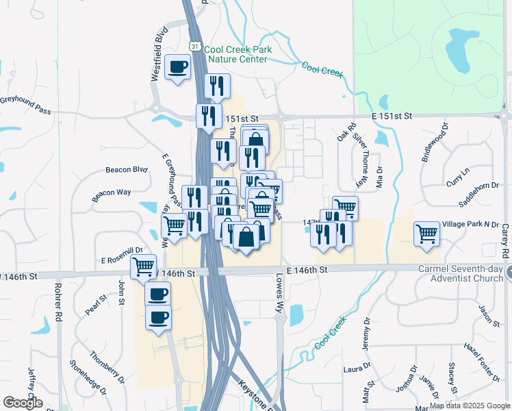 map of restaurants, bars, coffee shops, grocery stores, and more near 2005 East Greyhound Pass in Carmel