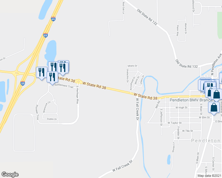 map of restaurants, bars, coffee shops, grocery stores, and more near 1502 West State Street in Pendleton