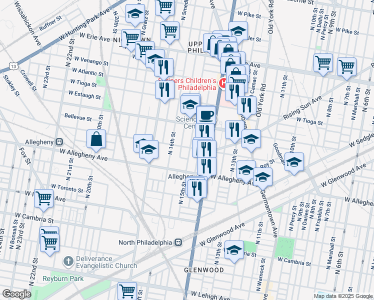 map of restaurants, bars, coffee shops, grocery stores, and more near 3250 North 15th Street in Philadelphia