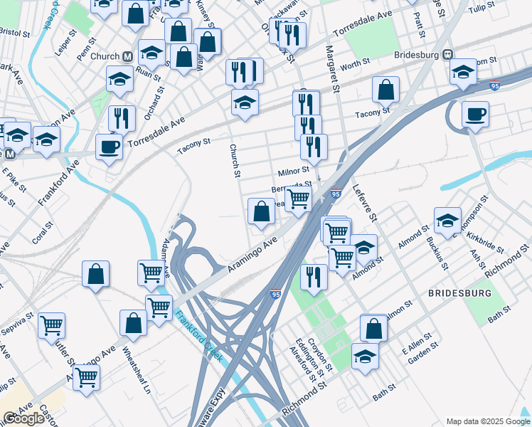 map of restaurants, bars, coffee shops, grocery stores, and more near 4336 Sepviva Street in Philadelphia