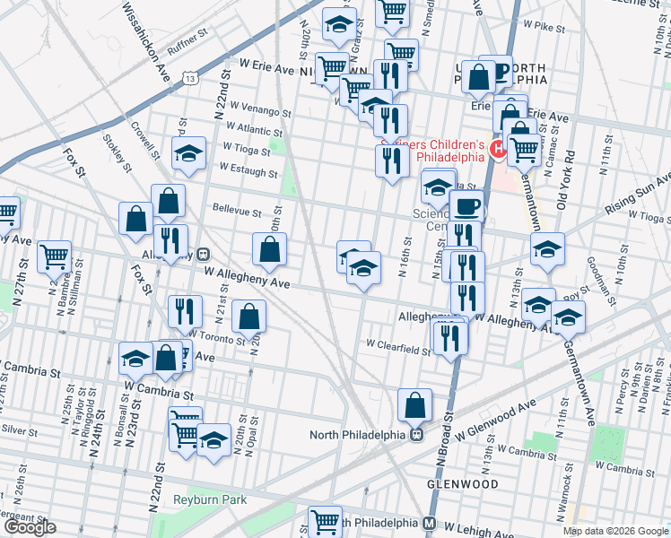 map of restaurants, bars, coffee shops, grocery stores, and more near 1729 West Allegheny Avenue in Philadelphia
