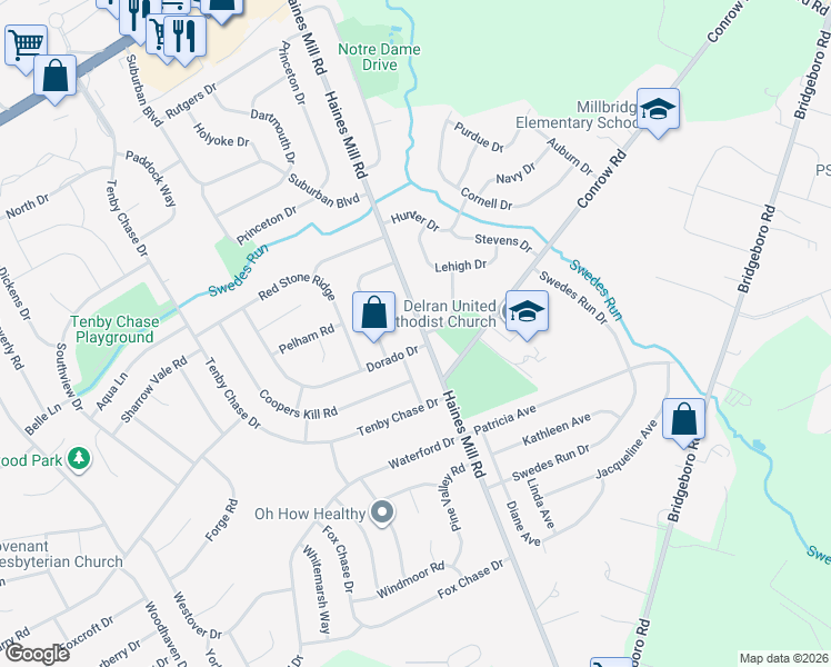 map of restaurants, bars, coffee shops, grocery stores, and more near 111 Haines Mill Road in Delran
