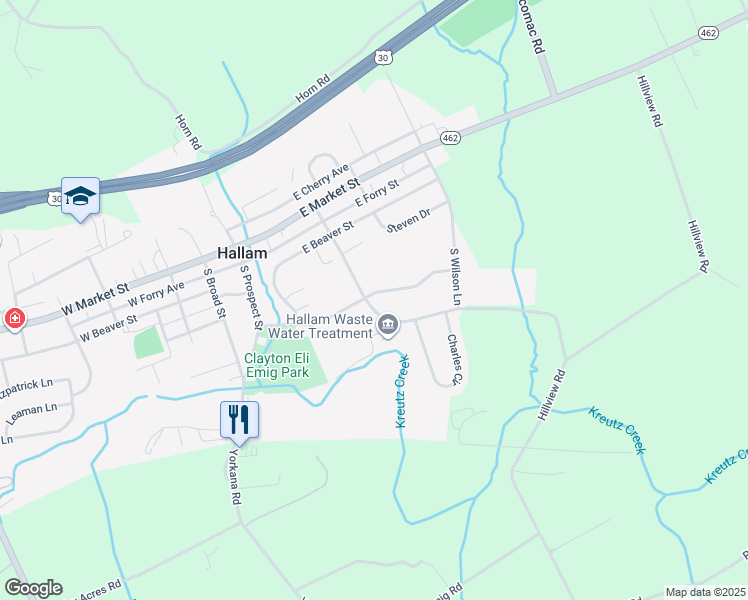 map of restaurants, bars, coffee shops, grocery stores, and more near 301 Friendship Avenue in Hallam