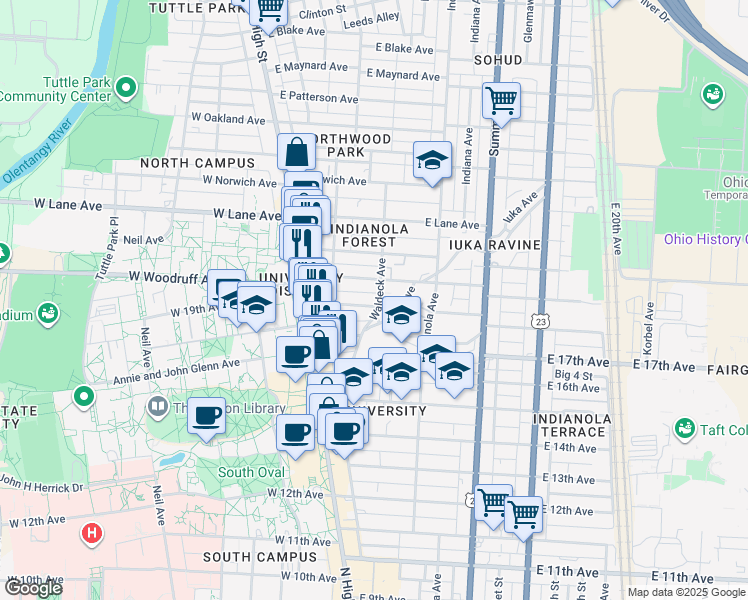 map of restaurants, bars, coffee shops, grocery stores, and more near 1985 Waldeck Avenue in Columbus