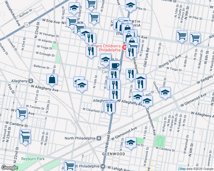 map of restaurants, bars, coffee shops, grocery stores, and more near 3259 N 15th St in Philadelphia