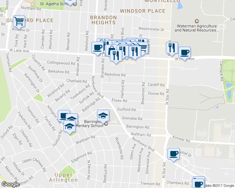 map of restaurants, bars, coffee shops, grocery stores, and more near 1703 Doone Road in Columbus