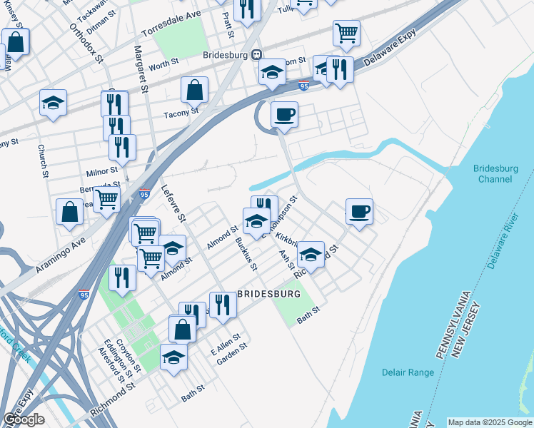 map of restaurants, bars, coffee shops, grocery stores, and more near 4713 Almond Street in Philadelphia