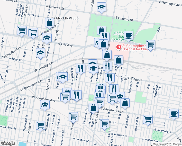 map of restaurants, bars, coffee shops, grocery stores, and more near 156 West Tioga Street in Philadelphia