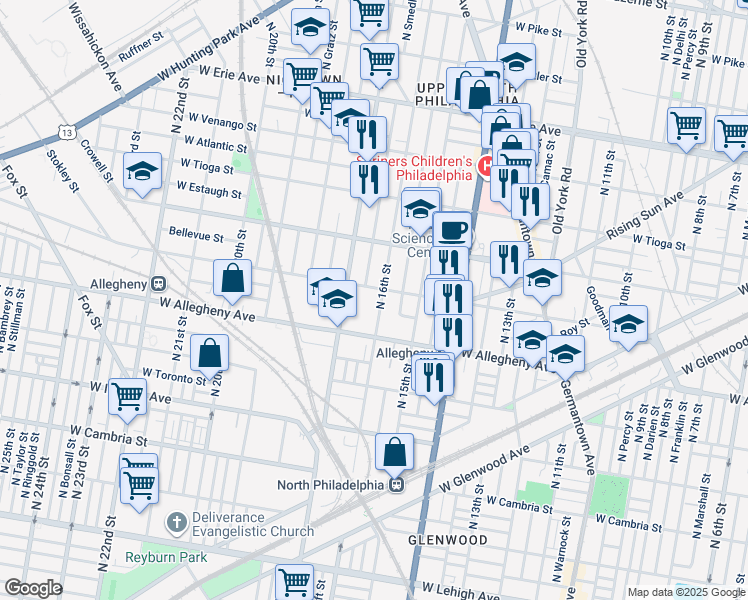 map of restaurants, bars, coffee shops, grocery stores, and more near 3230 North 16th Street in Philadelphia