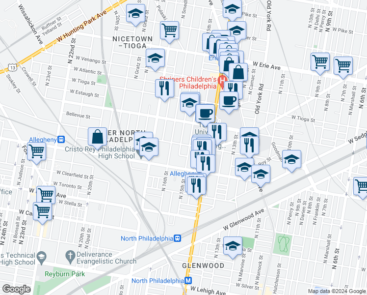 map of restaurants, bars, coffee shops, grocery stores, and more near 1512 West Westmoreland Street in Philadelphia
