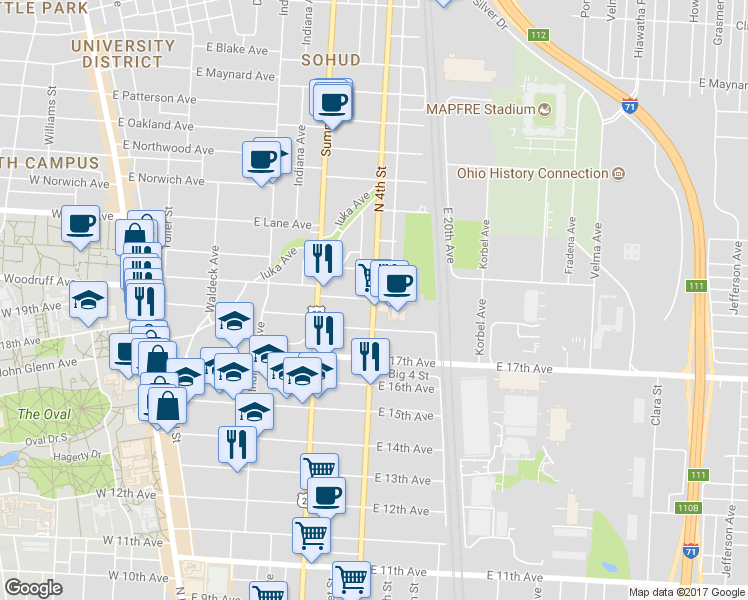 map of restaurants, bars, coffee shops, grocery stores, and more near N 4th St & E 19th Ave in Columbus