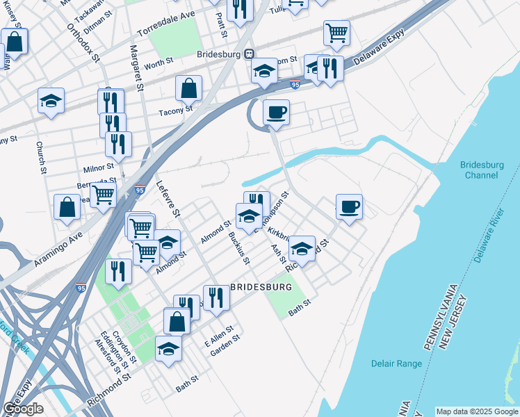 map of restaurants, bars, coffee shops, grocery stores, and more near 4713 Almond Street in Philadelphia