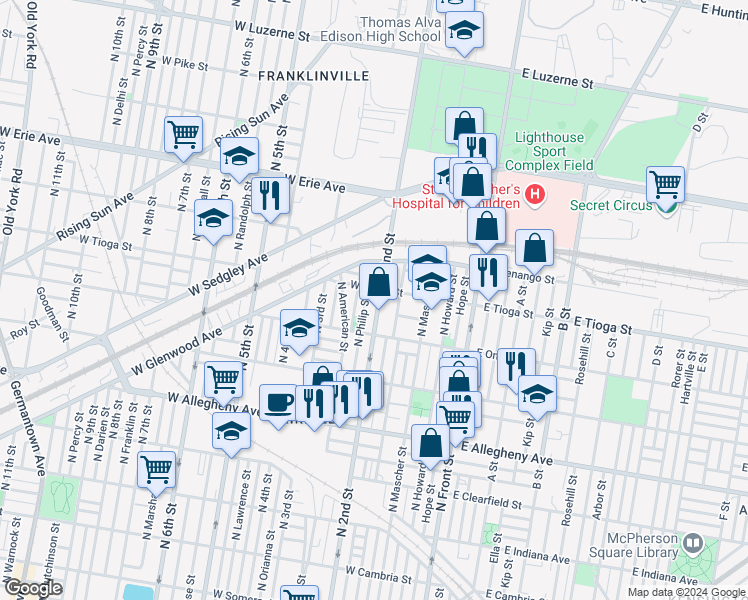 map of restaurants, bars, coffee shops, grocery stores, and more near 3448 North 2nd Street in Philadelphia