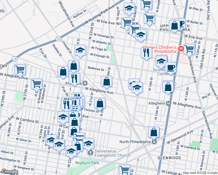 map of restaurants, bars, coffee shops, grocery stores, and more near 1940 West Hilton Street in Philadelphia