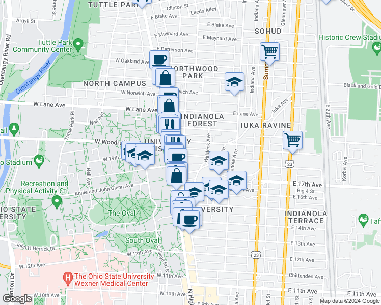map of restaurants, bars, coffee shops, grocery stores, and more near 60 East 18th Avenue in Columbus