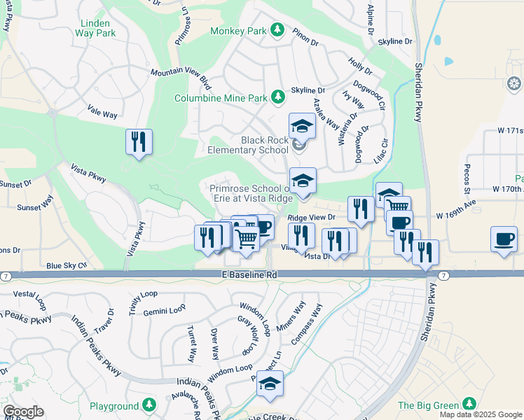 map of restaurants, bars, coffee shops, grocery stores, and more near 1947 Windemere Lane in Erie