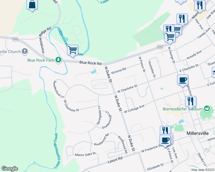 map of restaurants, bars, coffee shops, grocery stores, and more near 360 College Manor Avenue in Millersville