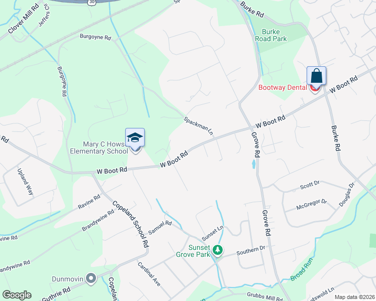 map of restaurants, bars, coffee shops, grocery stores, and more near 579 Boot Road in West Chester