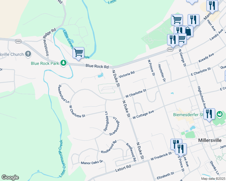 map of restaurants, bars, coffee shops, grocery stores, and more near 320 College Manor Avenue in Millersville