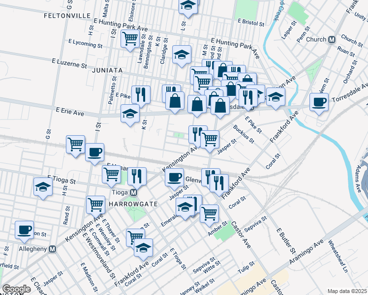map of restaurants, bars, coffee shops, grocery stores, and more near 1313 East Carey Street in Philadelphia