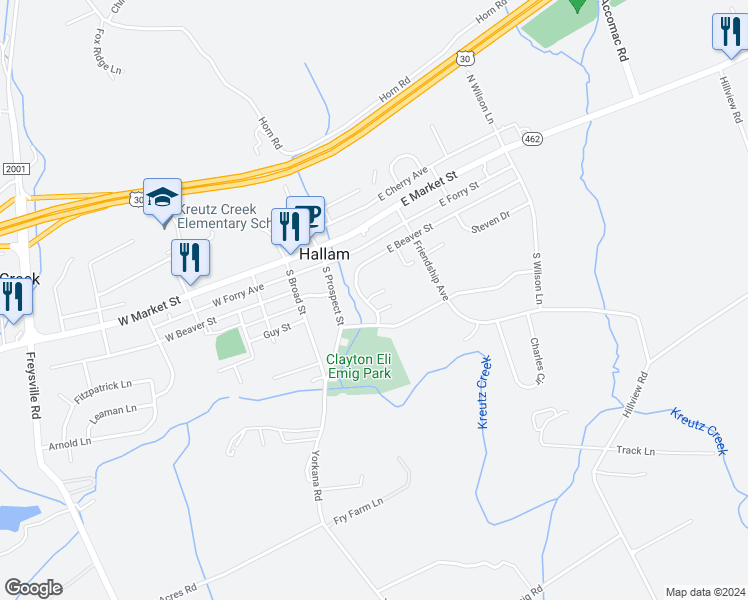 map of restaurants, bars, coffee shops, grocery stores, and more near 80 East Beaver Street in Hallam