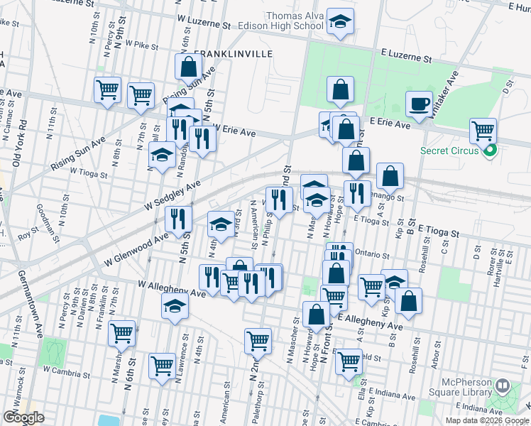 map of restaurants, bars, coffee shops, grocery stores, and more near 3458 Dillman Street in Philadelphia