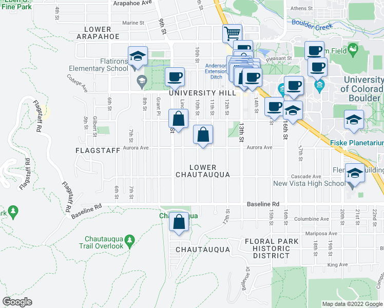 map of restaurants, bars, coffee shops, grocery stores, and more near 970 Aurora Avenue in Boulder