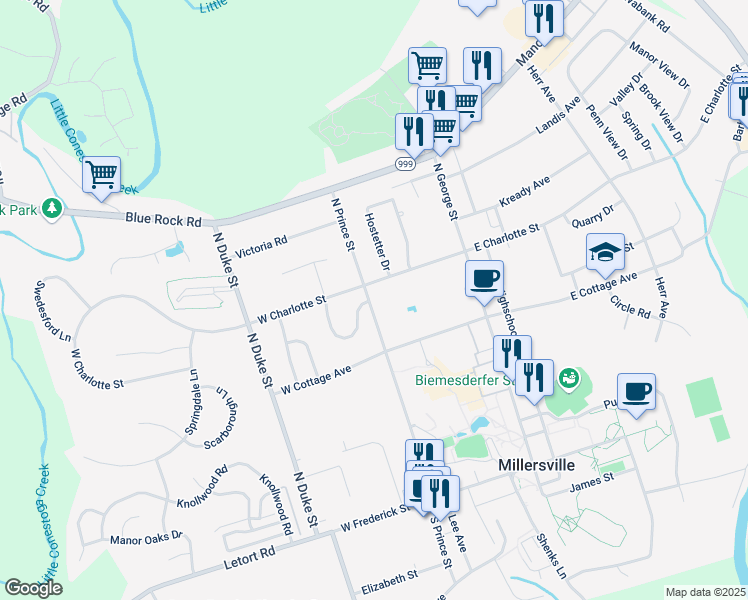 map of restaurants, bars, coffee shops, grocery stores, and more near 340 North Prince Street in Millersville
