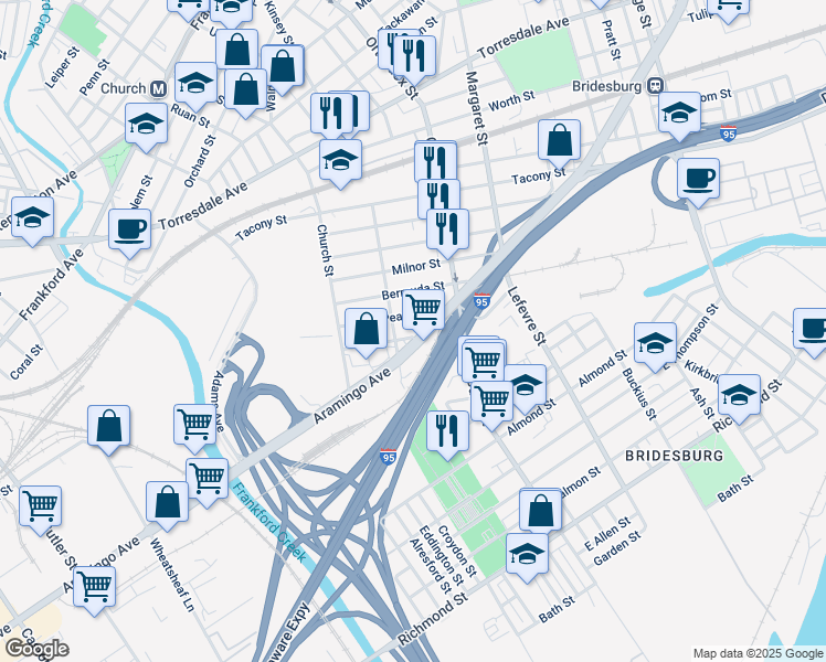 map of restaurants, bars, coffee shops, grocery stores, and more near 4516 Sepviva Street in Philadelphia