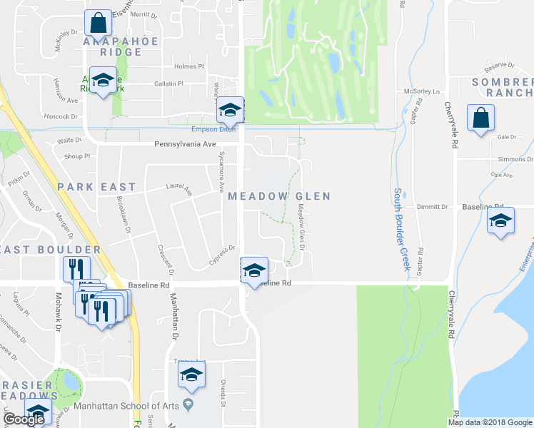 map of restaurants, bars, coffee shops, grocery stores, and more near 5520 Racquet Court in Boulder