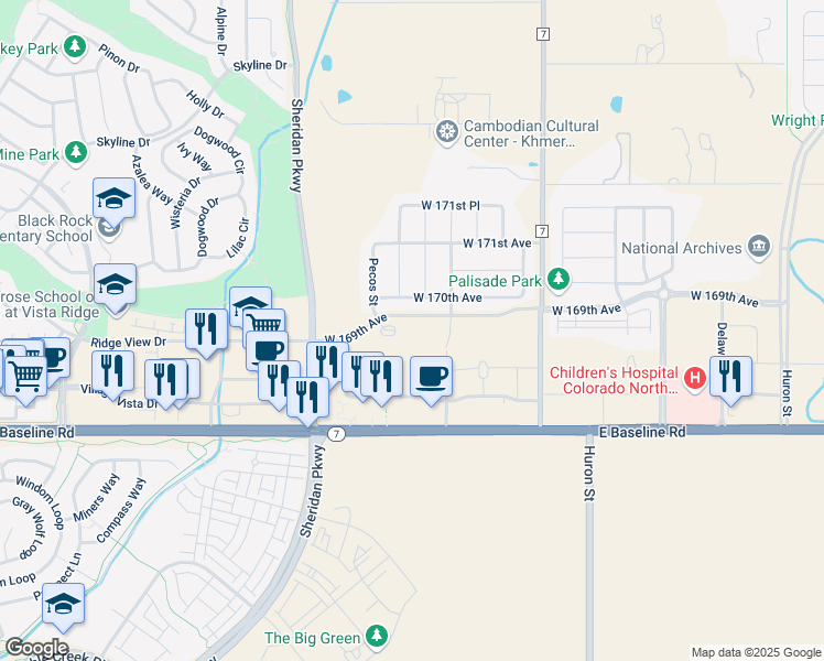 map of restaurants, bars, coffee shops, grocery stores, and more near 1450 West 169th Avenue in Broomfield