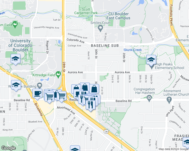map of restaurants, bars, coffee shops, grocery stores, and more near 2990 Aurora Avenue in Boulder
