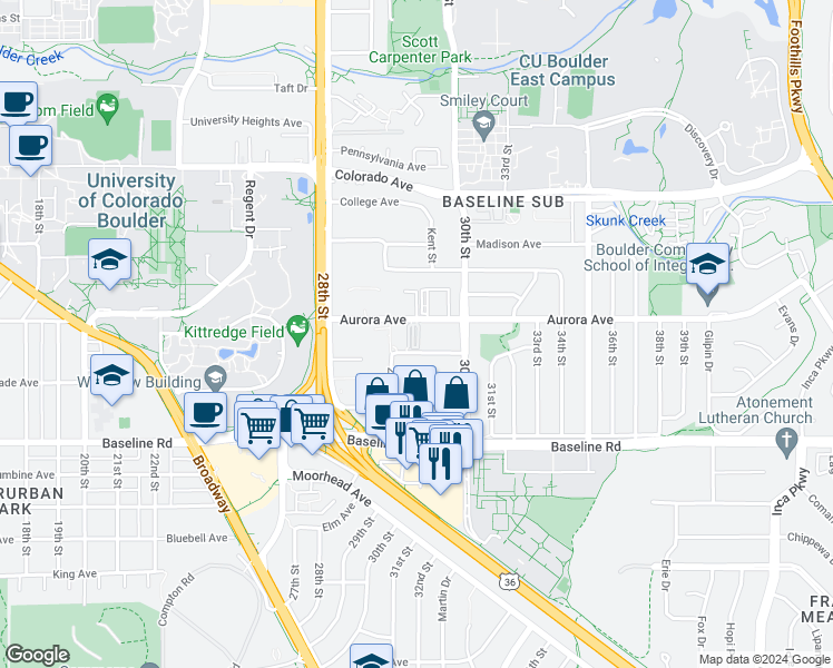 map of restaurants, bars, coffee shops, grocery stores, and more near 2900 Aurora Avenue in Boulder