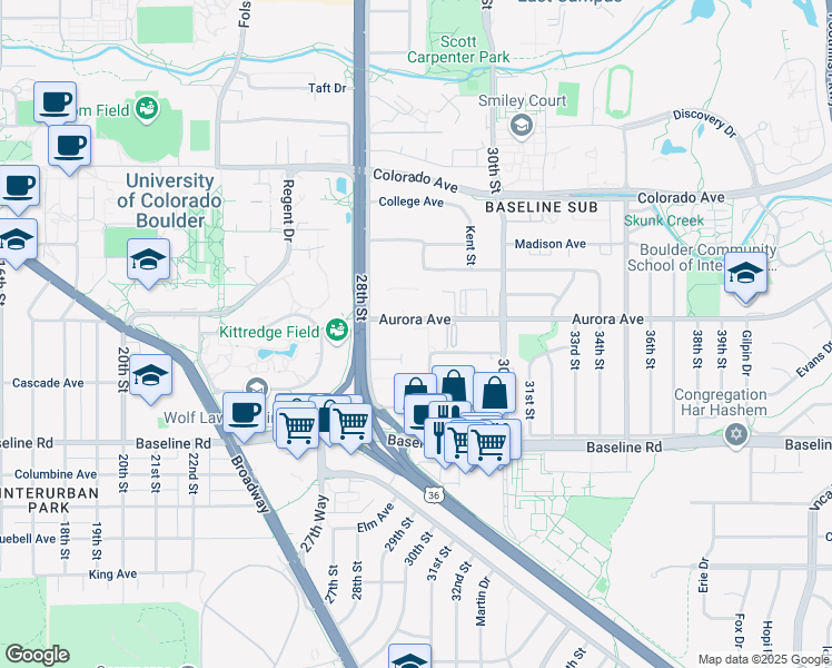 map of restaurants, bars, coffee shops, grocery stores, and more near 2850 Aurora Avenue in Boulder