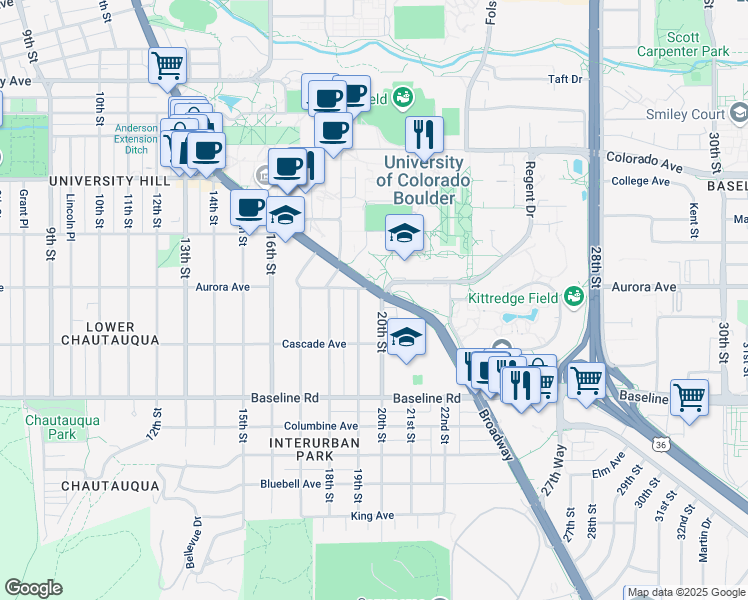 map of restaurants, bars, coffee shops, grocery stores, and more near 915 Broadway in Boulder