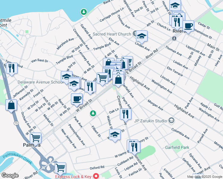 map of restaurants, bars, coffee shops, grocery stores, and more near 15 West Broad Street in Palmyra