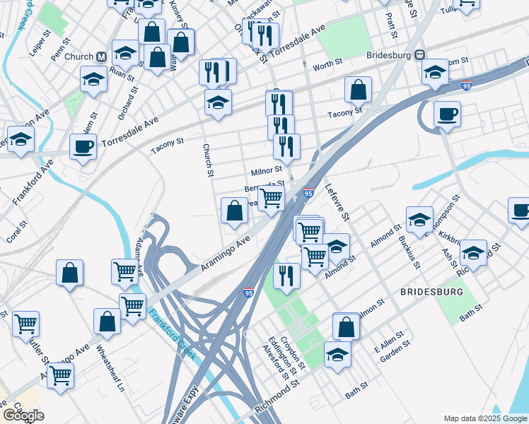 map of restaurants, bars, coffee shops, grocery stores, and more near 4516 Sepviva Street in Philadelphia