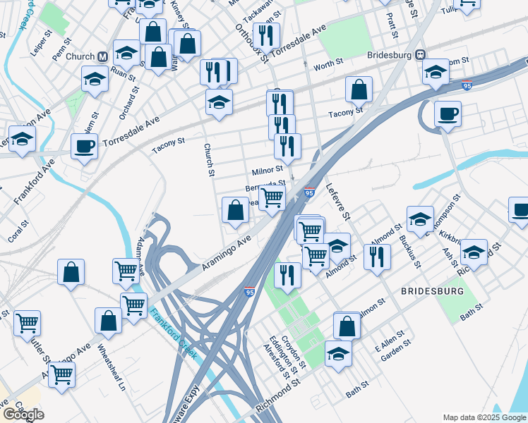 map of restaurants, bars, coffee shops, grocery stores, and more near 4514 Sepviva Street in Philadelphia