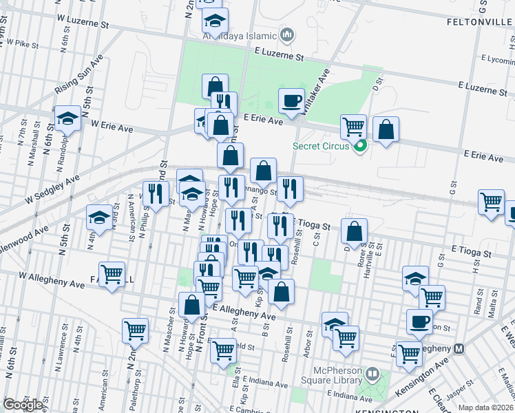 map of restaurants, bars, coffee shops, grocery stores, and more near 3533 A Street in Philadelphia