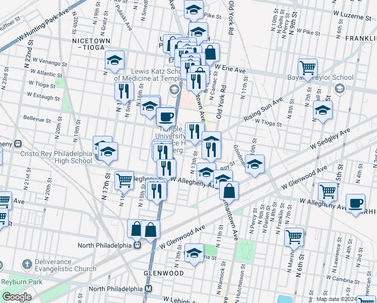 map of restaurants, bars, coffee shops, grocery stores, and more near 1329 Rising Sun Avenue in Philadelphia