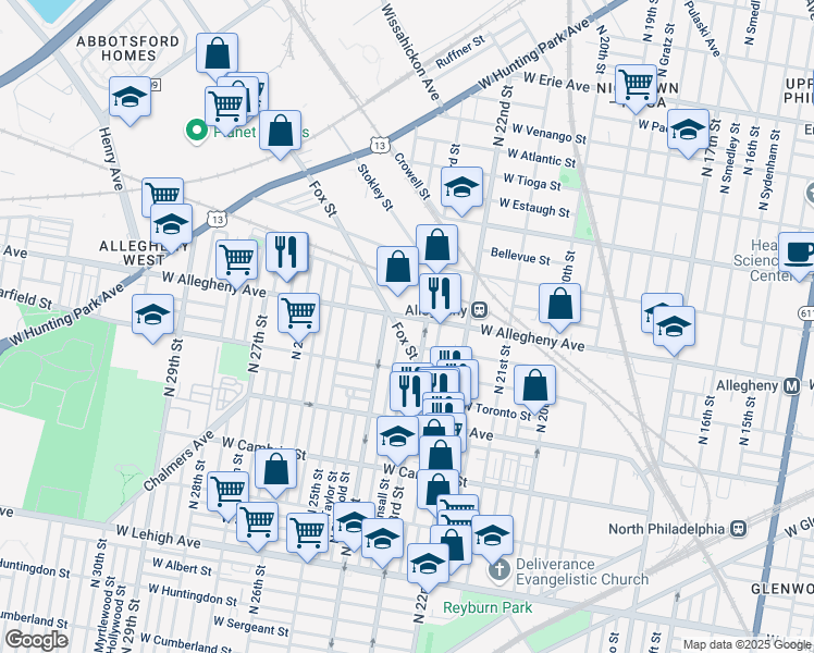 map of restaurants, bars, coffee shops, grocery stores, and more near 2315 West Allegheny Avenue in Philadelphia
