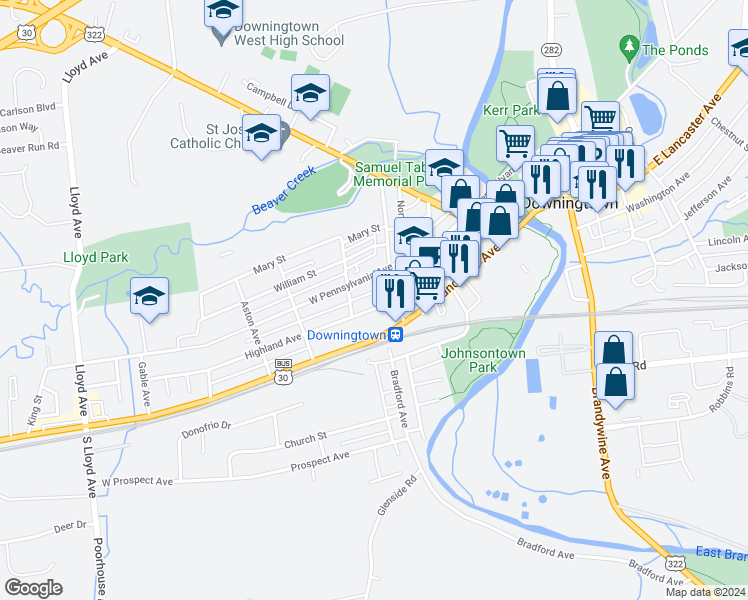 map of restaurants, bars, coffee shops, grocery stores, and more near 106 Stuart Avenue in Downingtown