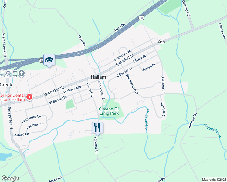 map of restaurants, bars, coffee shops, grocery stores, and more near 80 East Beaver Street in Hallam