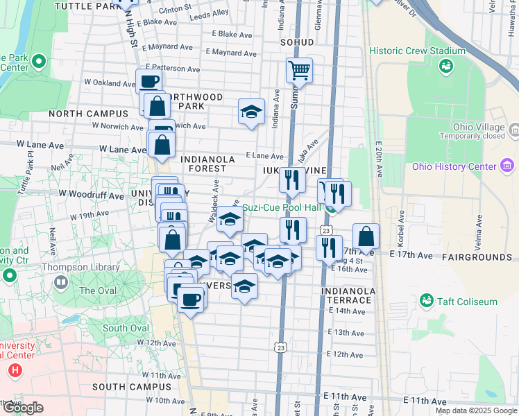 map of restaurants, bars, coffee shops, grocery stores, and more near 1986 Indianola Avenue in Columbus