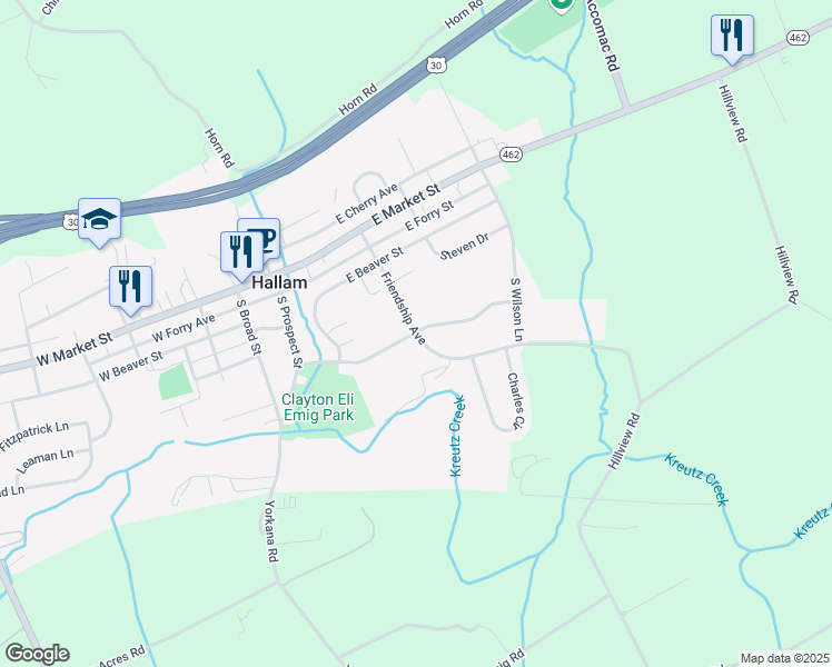 map of restaurants, bars, coffee shops, grocery stores, and more near 276 Friendship Avenue in Hallam