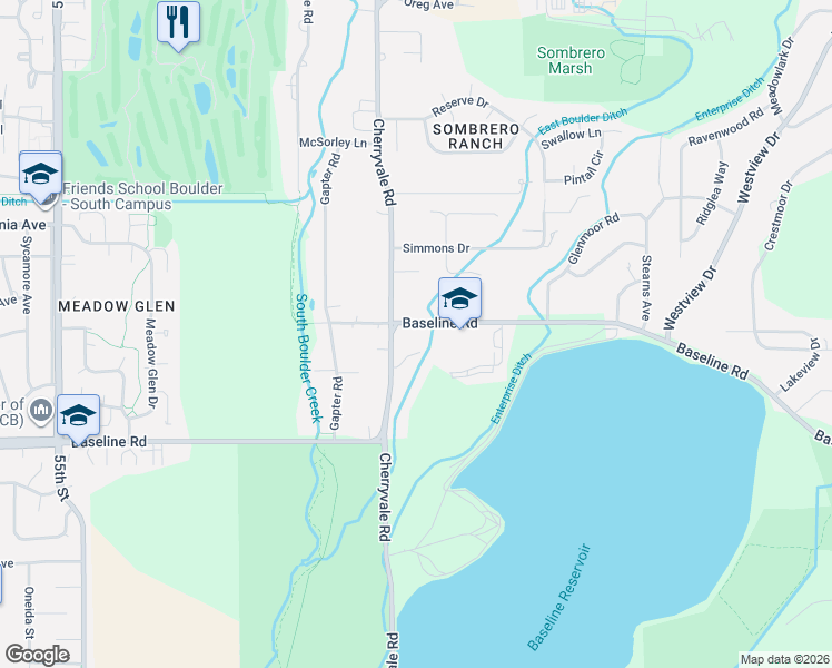 map of restaurants, bars, coffee shops, grocery stores, and more near 6050 Baseline Road in Boulder