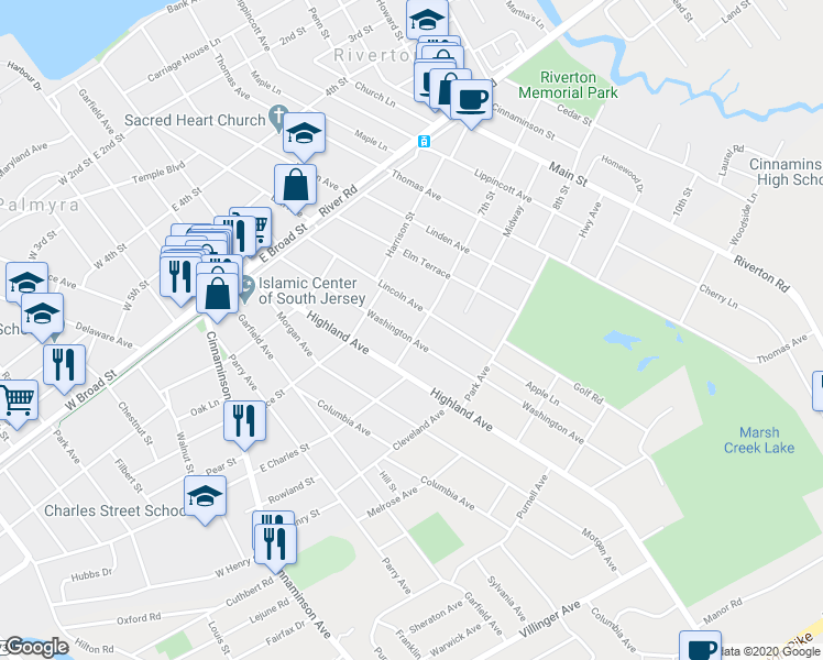 map of restaurants, bars, coffee shops, grocery stores, and more near 818 Washington Avenue in Palmyra