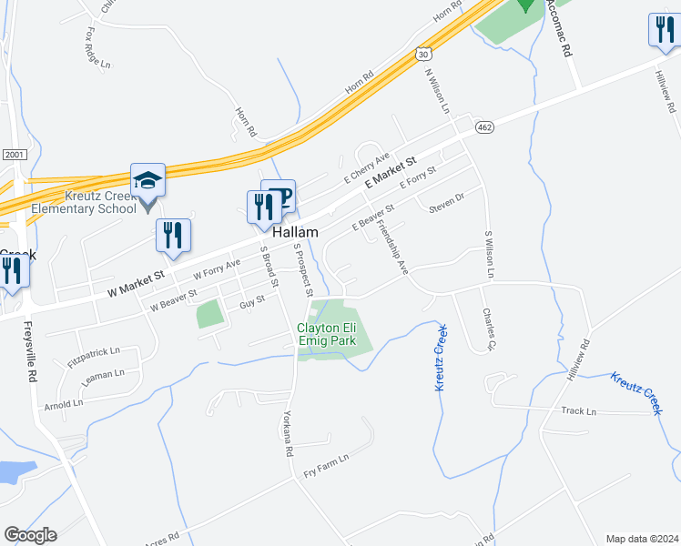 map of restaurants, bars, coffee shops, grocery stores, and more near 140 East Beaver Street in Hallam